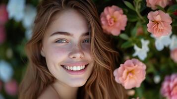 AI generated Smiling woman with bright teeth and blushing cheeks posing with pink flower backdrop. photo