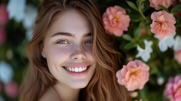 ai generado sonriente mujer con brillante dientes y rubor las mejillas posando con rosado flor fondo. foto