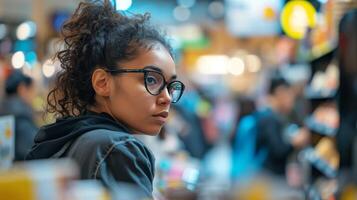 AI generated busy retail employee managing long lines customers at the checkout counter photo