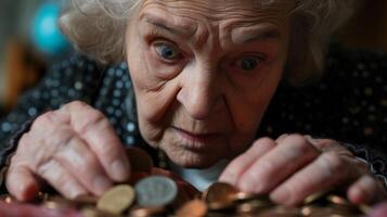 AI generated old woman counting coins on a table financial struggle in old age photo