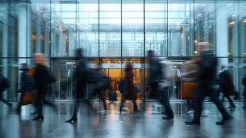 AI generated time lapse of people exiting a corporate building mass layoffs. photo