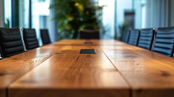 AI generated A modern conference room with a wooden table black chairs and a cityscape view. photo