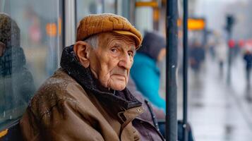 AI generated Aging Society Old man wearing a coat and hat sitting at a bus stop during winter waits for the bus photo