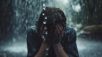 ai generado mental enfermedad mujer en pie en pesado lluvia cerca su cara con mano foto