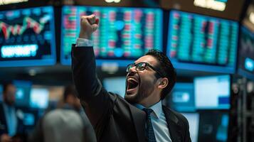 AI generated A Trader Celebrating Profit Trading with a Victory Dance on a Trading Floor with Screens Showing Graphs and News. photo