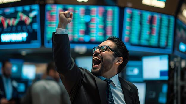 AI generated Profitable Trading A Confident Trader Celebrating in Front of  Computer Screens with Stock Prices and News 38511407 Stock Photo at Vecteezy