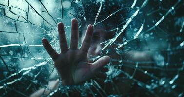 AI generated mental breakdown man breaking glass  window by hand struggle to break free photo