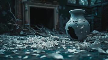 AI generated A Silent Room with a Shattered Vase on the Floor photo