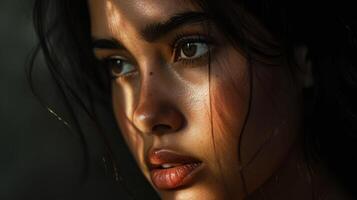 AI generated Close up sunset  portrait of attractive woman in dark tone sun shine on her face photo