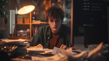 AI generated young man staring at a computer screen displaying a bank account balance zero stack of unpaid bills photo
