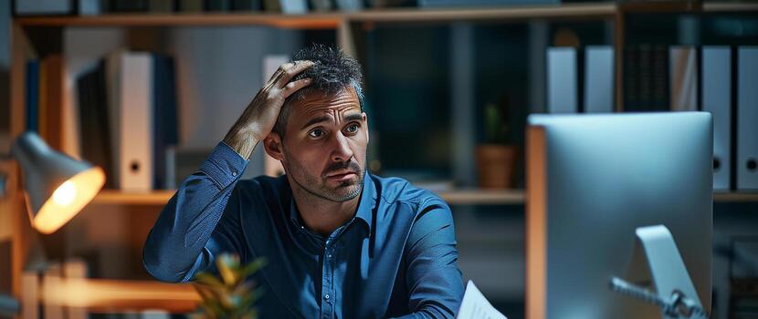 AI generated stress businessman staring at a computer screen dealing with tax problem photo