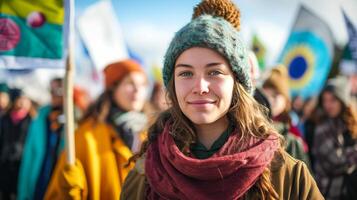 ai generado global calentamiento pacífico público protesta para clima acción con pancartas y señales foto