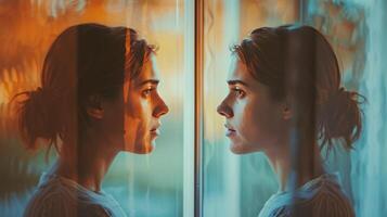 ai generado identidad crisis mujer en pie en frente de un espejo con reflexión mental enfermedad foto