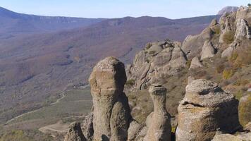 The rock formation in mountains from above. Shot. Close-up video