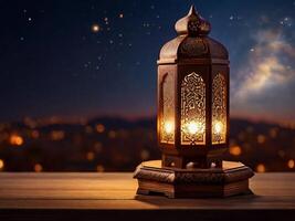 AI generated Ramadan Eid Mubarak Islamic Festival Arabic Luxury Lantern Empty Space Background photo