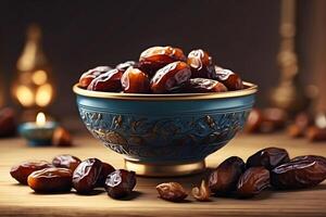 AI generated dates fruit in luxury bowl in the wooden table photo