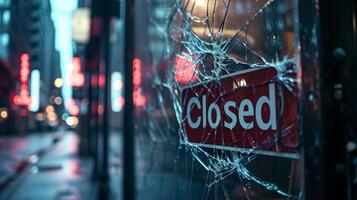 AI generated A closed sign through a break glass door on street at night. photo