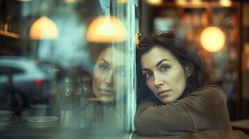 AI generated woman leans against a book store window lost in thought photo