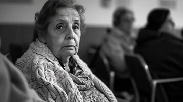 ai generado envejecimiento sociedad antiguo mujer sentado en un hospital esperando habitación con otro pacientes foto