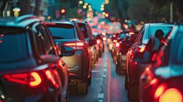 AI generated evening traffic jam stuck in lined up of car on street work overload in city life photo