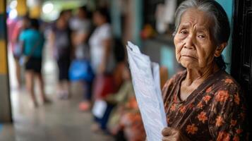 ai generado envejecimiento sociedad un antiguo mujer en pie en un largo línea fuera de un clínica esperando esencial servicios y beneficios. foto