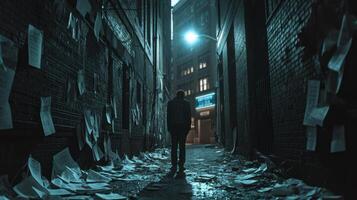 AI generated man stands alone in a dark quiet alley surrounded by discarded job applications struggles of unemployment. photo