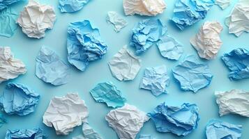 AI generated pieces of paper blue and white papers scattered on a light blue bacground photo