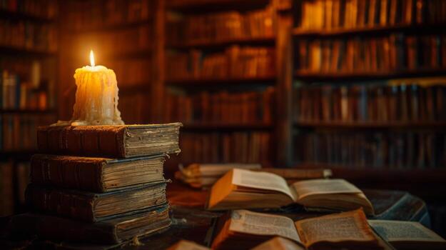 AI generated life long learning An ancient library with a candle on old books and wooden shelves. photo