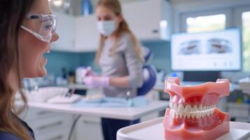 AI generated a dental show brushing and flossing techniques to a patient using a model of teeth in clinic photo