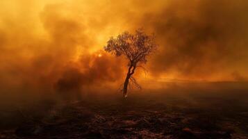 ai generado global calentamiento incendios forestales un solitario árbol soportes hacia un cielo con fumar y ceniza. foto