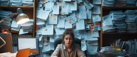 AI generated Work overload office worker sitting with piles of papers inbox urgent emails and multiple screens photo