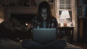 AI generated teenage girl sitting alone in bedroom with laptop facing cyberbullying. photo