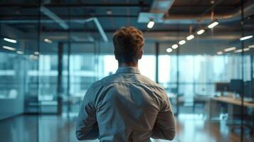 AI generated A Man Facing Opportunities or Challenges in Office with Glass Walls photo