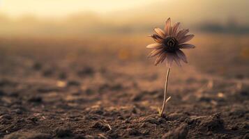 AI generated a lone flower blooming amidst a barren, rocky terrain with warm lighting photo