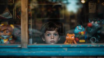 ai generado un niño con No dinero mirando a ventana empeñar tienda juguetes monitor detrás el vaso foto