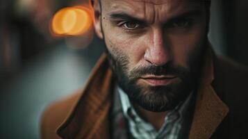 AI generated man wearing a coat and scarf, with bokeh lights in the background. facing the camera with confidence. photo