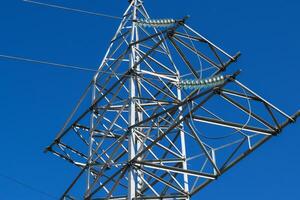 Supports high-voltage power lines against the blue sky photo