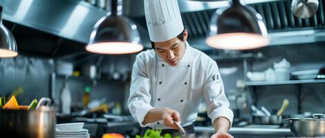 AI generated professional chef cooking preparing food in modern busy kitchen photo