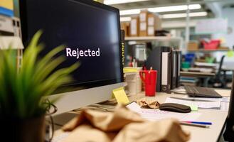 AI generated job rejection unemployment office desk with mess resume a computer screen displaying Rejected photo