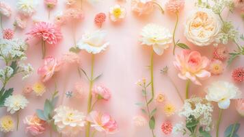 AI generated top view pink white flowers on soft pink pastel background beauty spring. photo