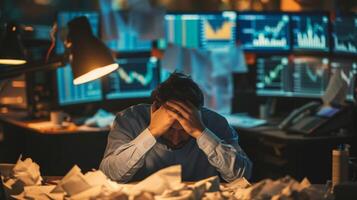 AI generated emotional trading trader gripping their head crumpled papers with screens showing stock movements in the background photo