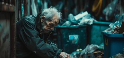 AI generated Aging Society homeless old man searching trash bin for food in slums. photo