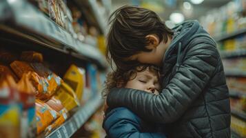 ai generado padre hipocresía ofreciendo tienda de comestibles consolador un llorando niño en un tienda de comestibles Tienda foto