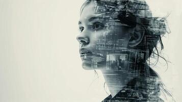 AI generated a women fading into a collage of corporate buildings. photo