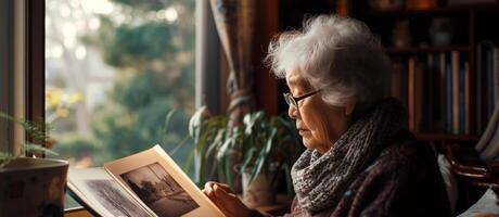 AI generated Aging Society old woman near a window looking at a photo album fill with memory