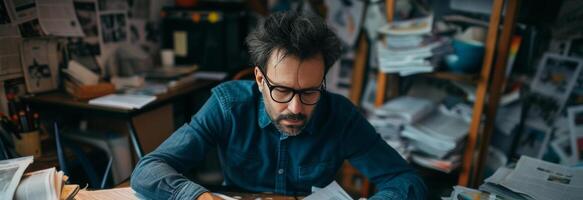AI generated Work overload journalist working against deadlines with stack of newspapers photo