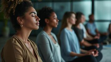 AI generated a group of colleagues in a meditation in a modern office stress relief environment photo