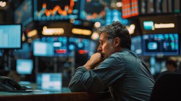 AI generated Market downturns with investor and screens on trading floor photo