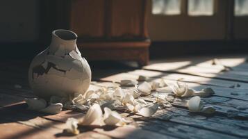 ai generado un destrozado florero en un silencio habitación roto Sueños y esperanzas foto