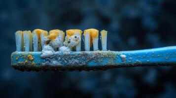 ai generado cepillo de dientes cubierto en seco pasta dental y amarillo lugares. foto